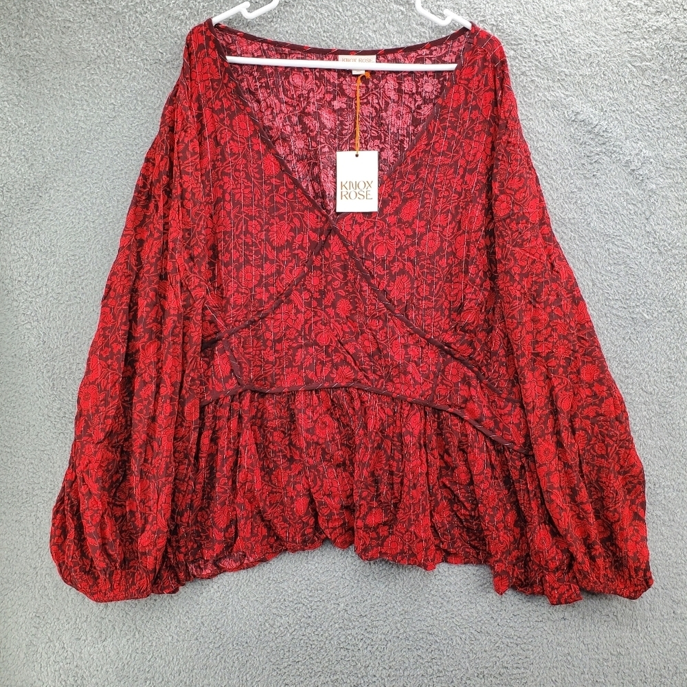 Knox Rose Women's Long Sleeve Embroidered Blouse Red NWT Plus Size 4X Floral